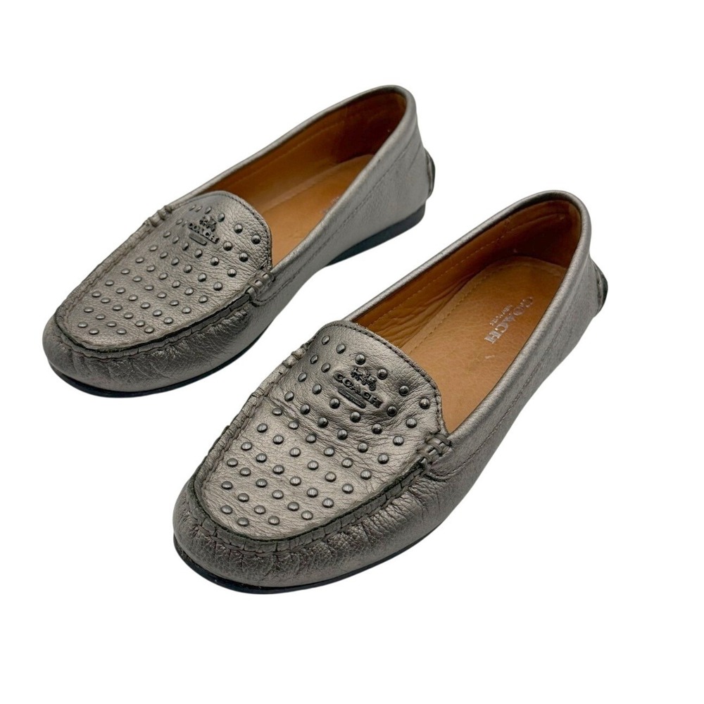 Coach Womens 5.5B Metallic Silver Leather Slip On Studded Loafer Shoes Y2K Glam